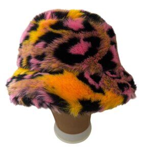 NWOT Sundae School Faux Fur Bucket Hat Kushmas Smoking Pink Black Orange Leopard